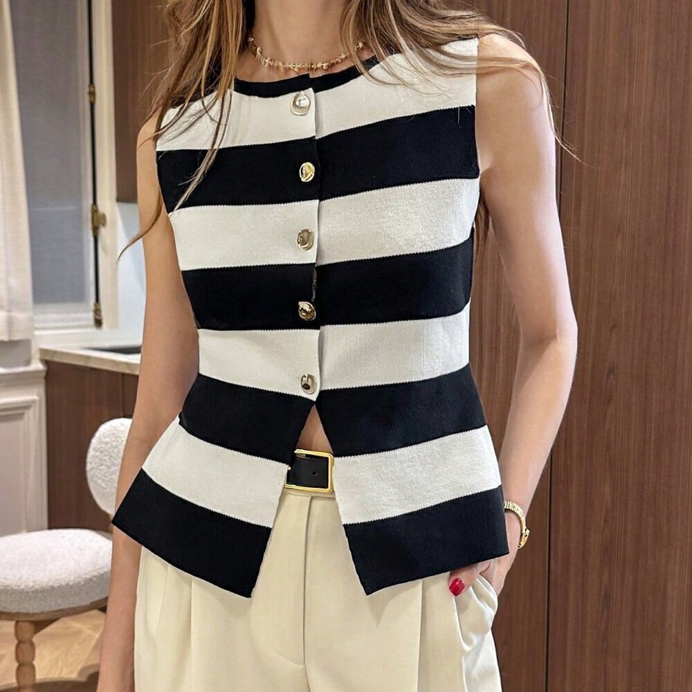 Multicolor Casual Women's Wide Stripe Round Neck button down knit vest top